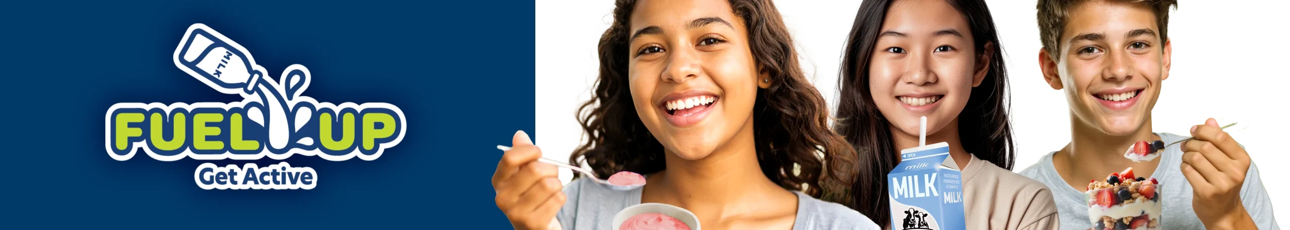 Home page header image with students eating dairy foods