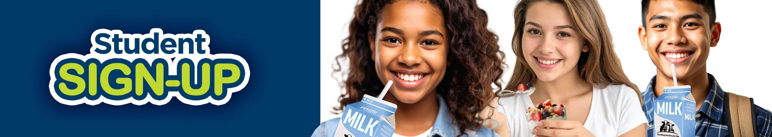 Student sign up header image with teens eating dairy foods