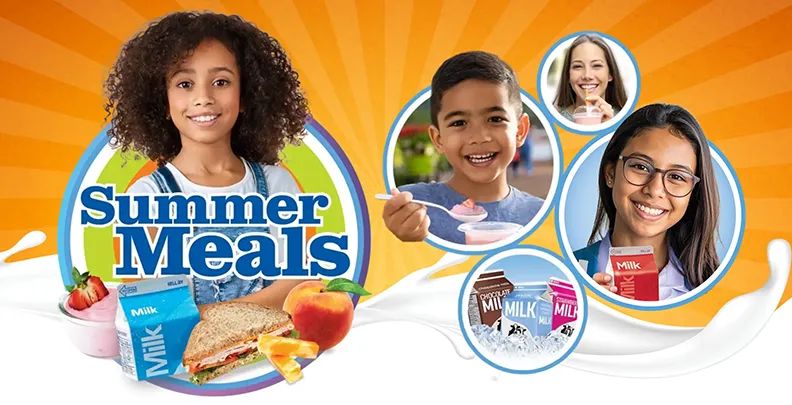 Summer Meals graphic with students enjoying dairy